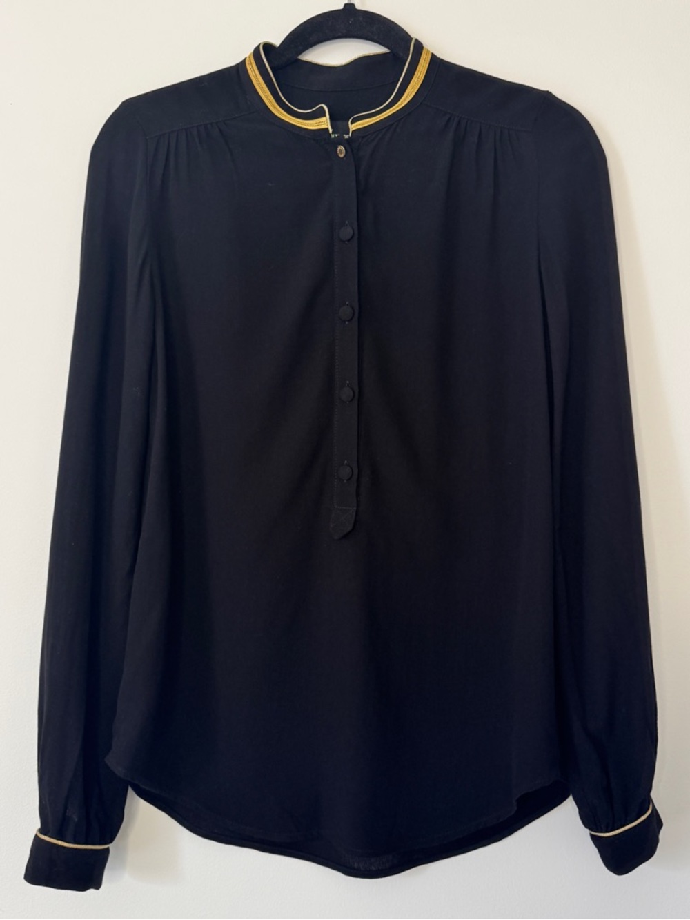 Zadig & Voltaire Blouse Tinon Crepe Blouse Black Mandarin Collar Gold Trim Sz XS